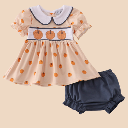 Khaki Embroidery Smocked Bloomer Set