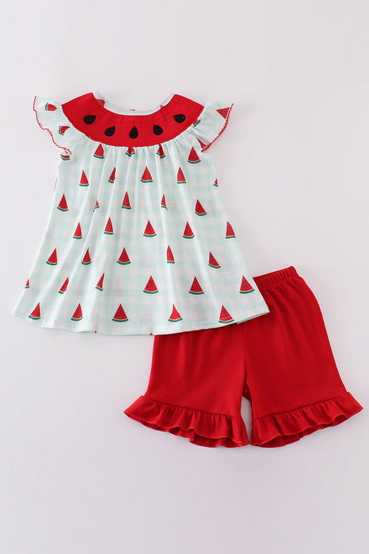 Green watermelon embroidery smocked set